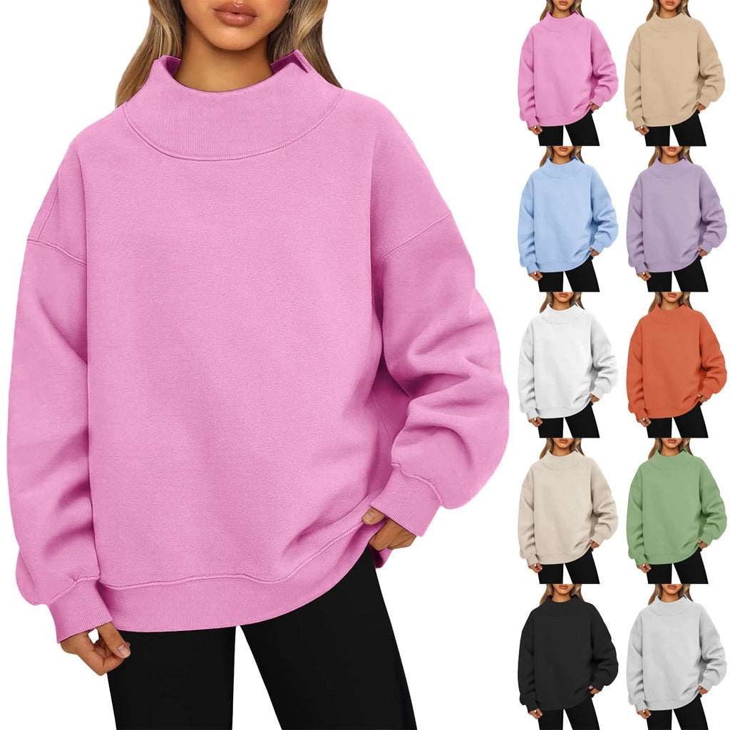 Women’s Long Sleeve High Neck Hoodie – Loose Fit Solid Color