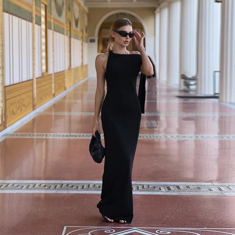 Women’s One Shoulder Maxi Dress – Sleeveless High Waist Design