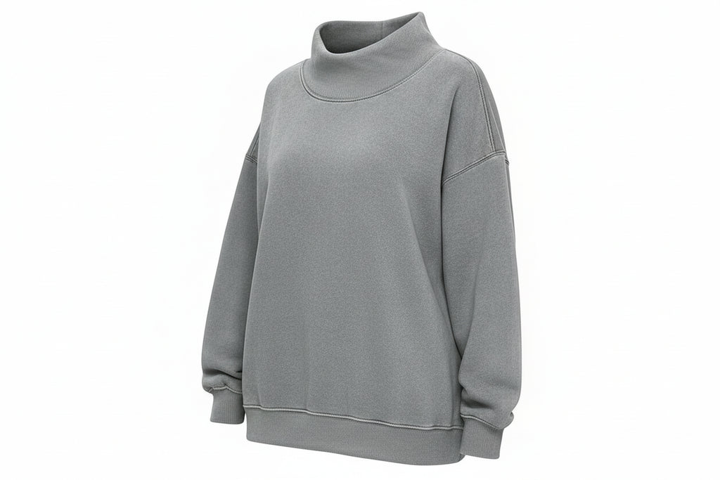 Women’s Long Sleeve High Neck Hoodie – Loose Fit Solid Color