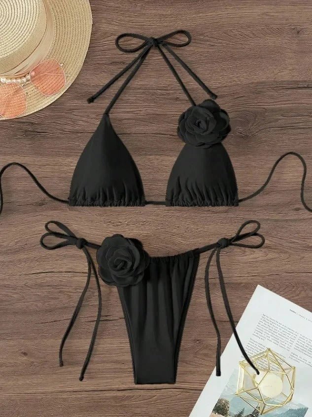 Black Rose Bikini Set for Women – Tie Side Triangle Swimsuit - Velshara store