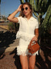Co Ord Set for Women – Cream Knit Two Piece Summer Outfit with Fringe Detail - Velshara store