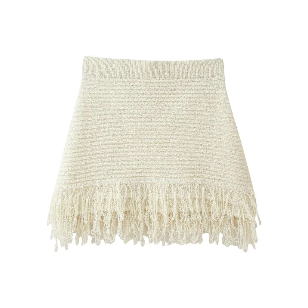 Co Ord Set for Women – Cream Knit Two Piece Summer Outfit with Fringe Detail - Velshara store