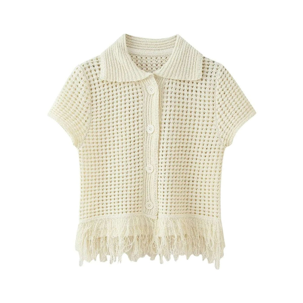 Co Ord Set for Women – Cream Knit Two Piece Summer Outfit with Fringe Detail - Velshara store