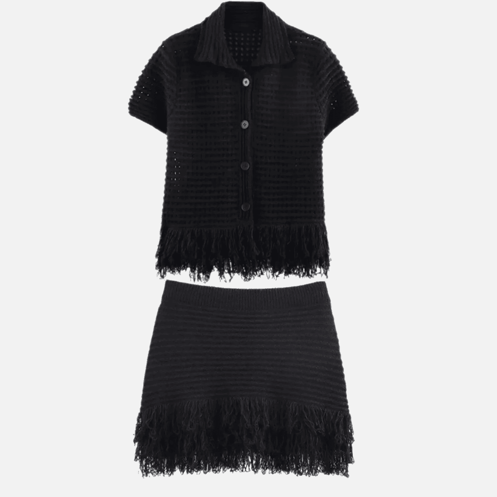Co Ord Set for Women – Cream Knit Two Piece Summer Outfit with Fringe Detail - Velshara store
