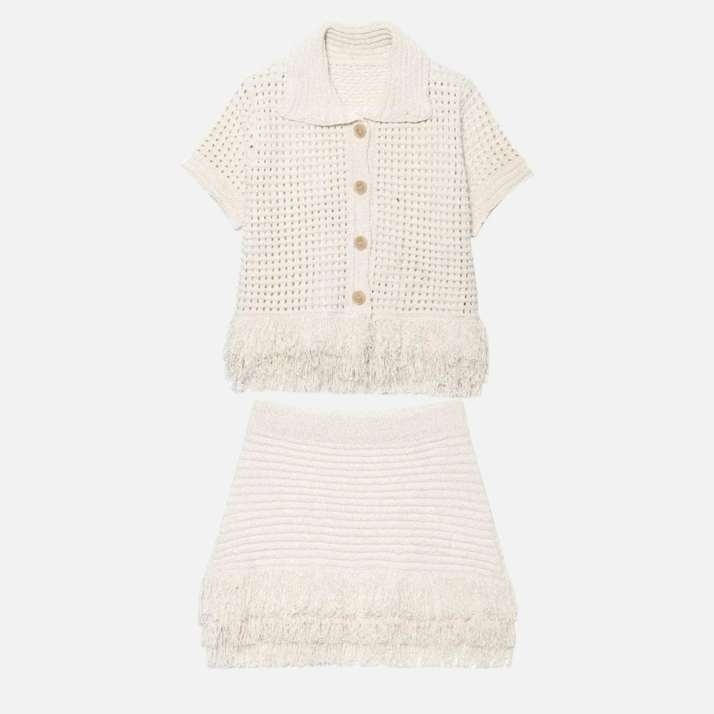 Co Ord Set for Women – Cream Knit Two Piece Summer Outfit with Fringe Detail - Velshara store