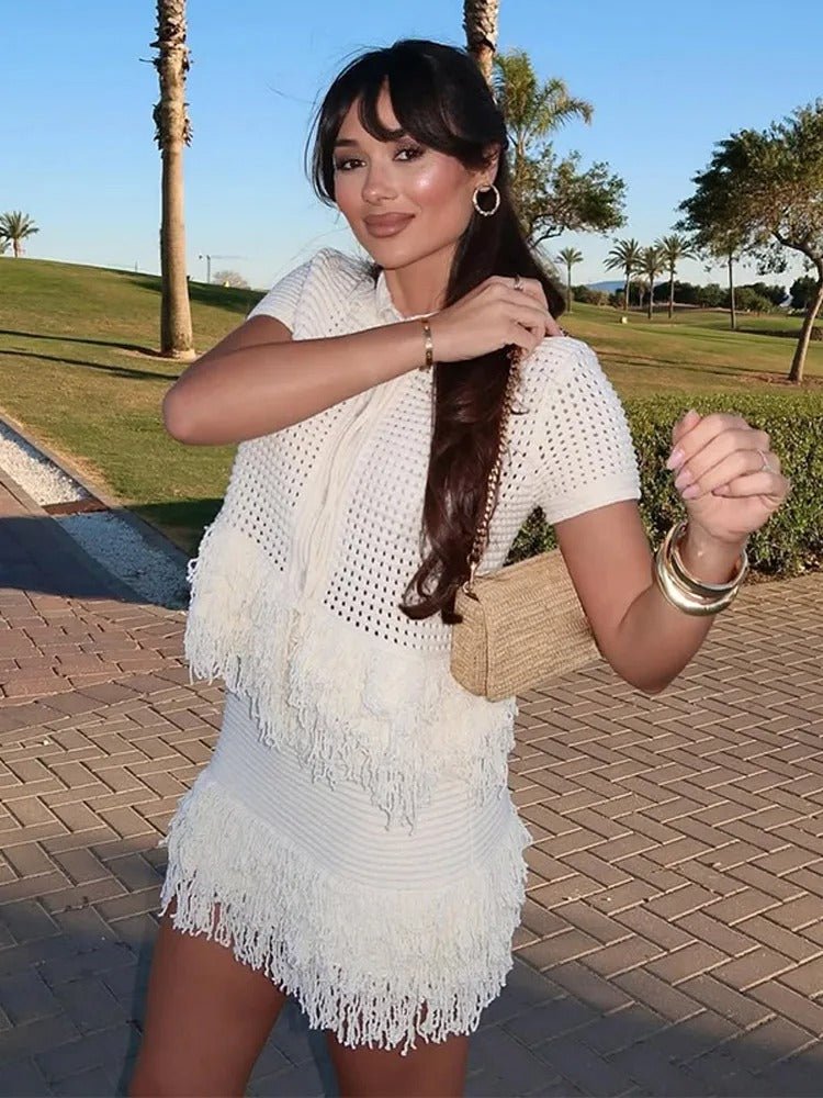 Co Ord Set for Women – Cream Knit Two Piece Summer Outfit with Fringe Detail - Velshara store