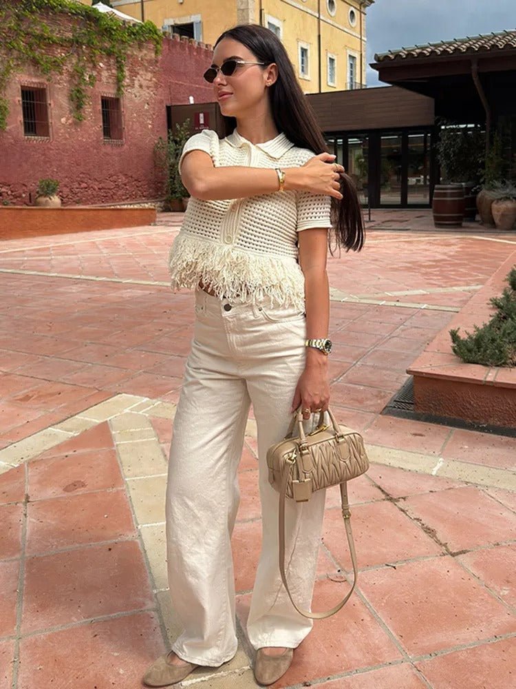 Co Ord Set for Women – Cream Knit Two Piece Summer Outfit with Fringe Detail - Velshara store