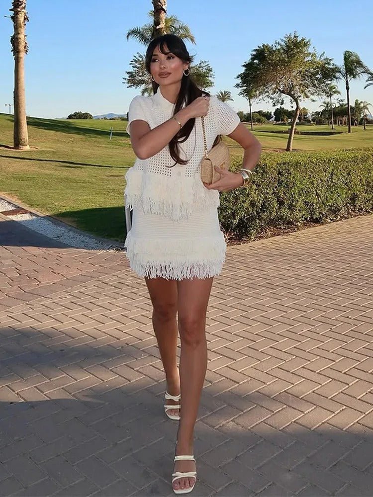 Co Ord Set for Women – Cream Knit Two Piece Summer Outfit with Fringe Detail - Velshara store
