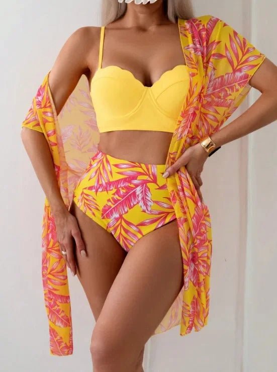 High Waist Leaf Print Bikini Set for Women – Three Piece Beach Swimwear with Cover Up - Velshara store
