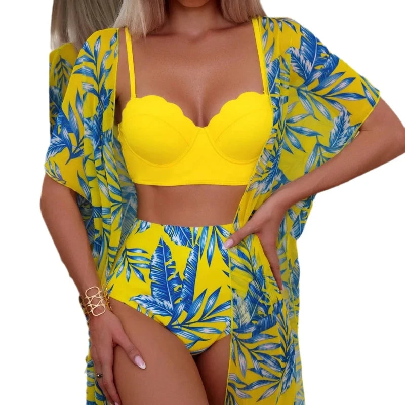 High Waist Leaf Print Bikini Set for Women – Three Piece Beach Swimwear with Cover Up - Velshara store