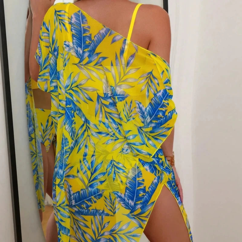 High Waist Leaf Print Bikini Set for Women – Three Piece Beach Swimwear with Cover Up - Velshara store
