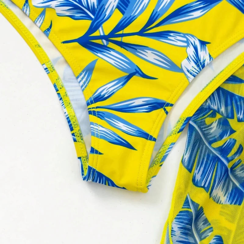 High Waist Leaf Print Bikini Set for Women – Three Piece Beach Swimwear with Cover Up - Velshara store