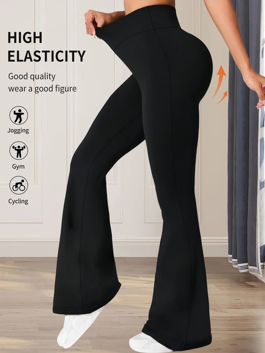 Women's Black Flare Leggings - Y2K Elastic Waist Bell Bottom Pants for Yoga & Casual Wear
