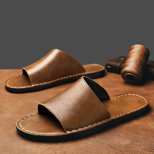 Men's Minimalist Leather Slide Sandals | Comfortable Wide Strap Summer Footwear - Velshara store