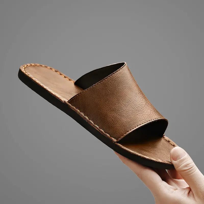 Men's Minimalist Leather Slide Sandals | Comfortable Wide Strap Summer Footwear - Velshara store