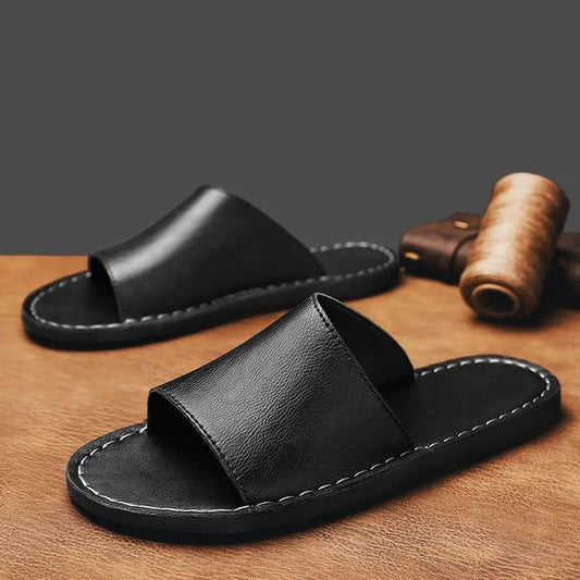 Men's Minimalist Leather Slide Sandals | Comfortable Wide Strap Summer Footwear - Velshara store