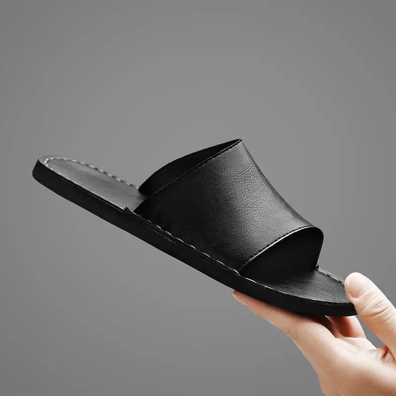 Men's Minimalist Leather Slide Sandals | Comfortable Wide Strap Summer Footwear - Velshara store