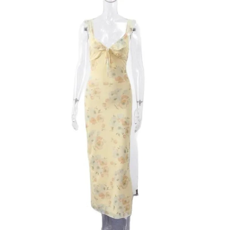 Summer Flower Printed Women's Sexy Low - cut Dress Sleeveless Backless Slim Sling Dresses 2025 Beach Vacation Lady Vestidos - Velshara store