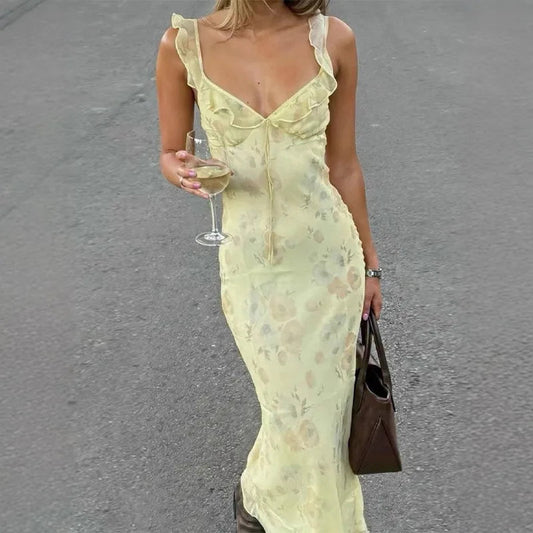 Summer Flower Printed Women's Sexy Low - cut Dress Sleeveless Backless Slim Sling Dresses 2025 Beach Vacation Lady Vestidos - Velshara store