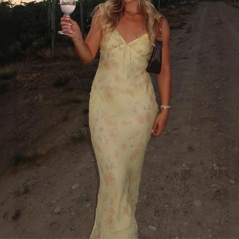 Summer Flower Printed Women's Sexy Low - cut Dress Sleeveless Backless Slim Sling Dresses 2025 Beach Vacation Lady Vestidos - Velshara store