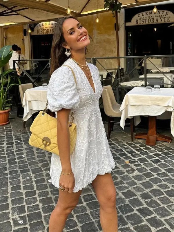 Women's Airy Fabric Summer Dress | Elegant White Dress with Embroidered Ruffles - Velshara store
