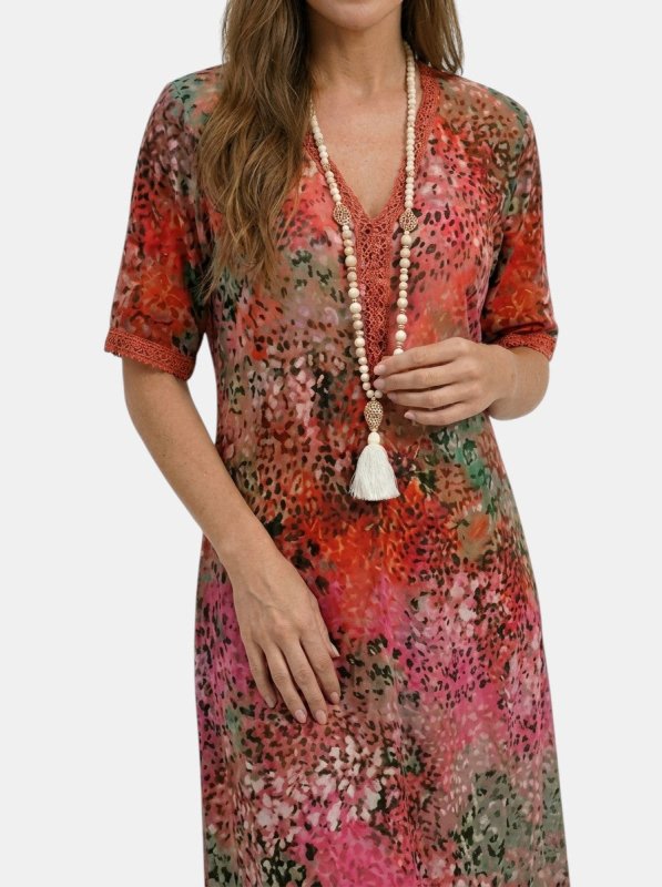 Women's All - Over Printed V - Neck Midi Dress | Relaxed Fit Short Sleeve Dress - Velshara store
