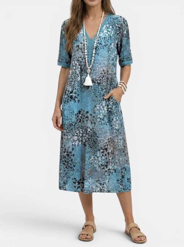 Women's All - Over Printed V - Neck Midi Dress | Relaxed Fit Short Sleeve Dress - Velshara store