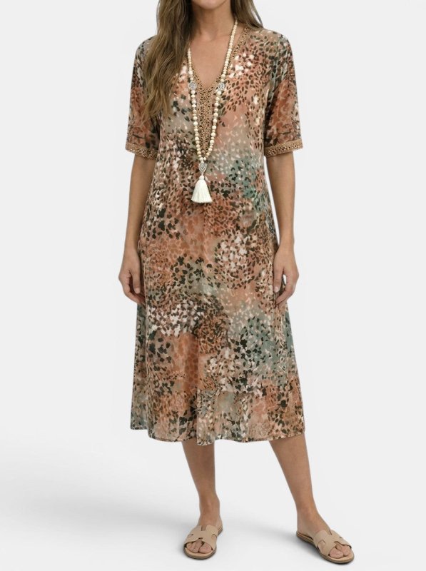 Women's All - Over Printed V - Neck Midi Dress | Relaxed Fit Short Sleeve Dress - Velshara store