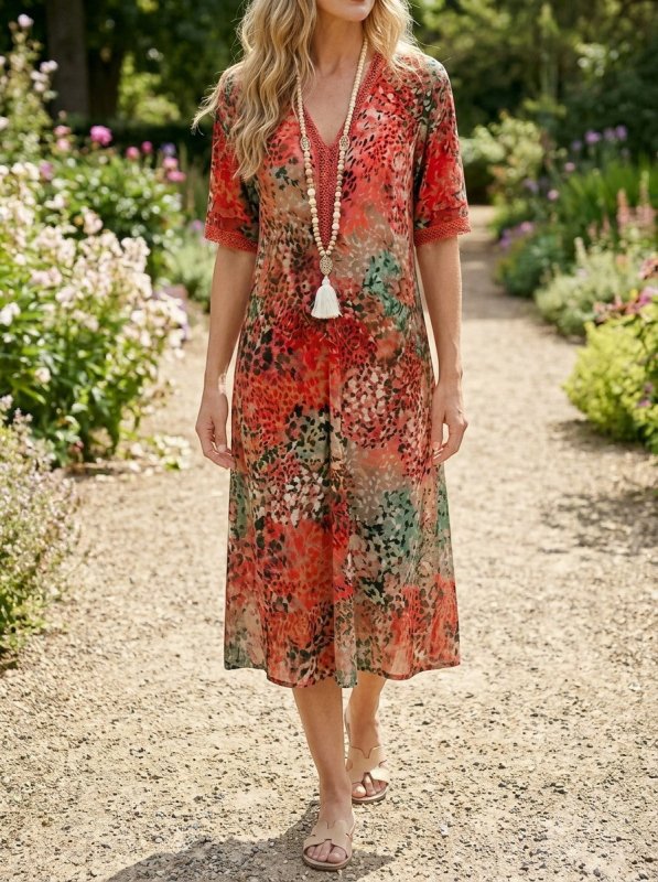 Women's All - Over Printed V - Neck Midi Dress | Relaxed Fit Short Sleeve Dress - Velshara store