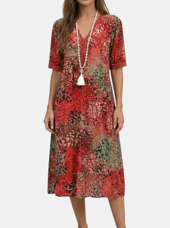 Women's All - Over Printed V - Neck Midi Dress | Relaxed Fit Short Sleeve Dress - Velshara store