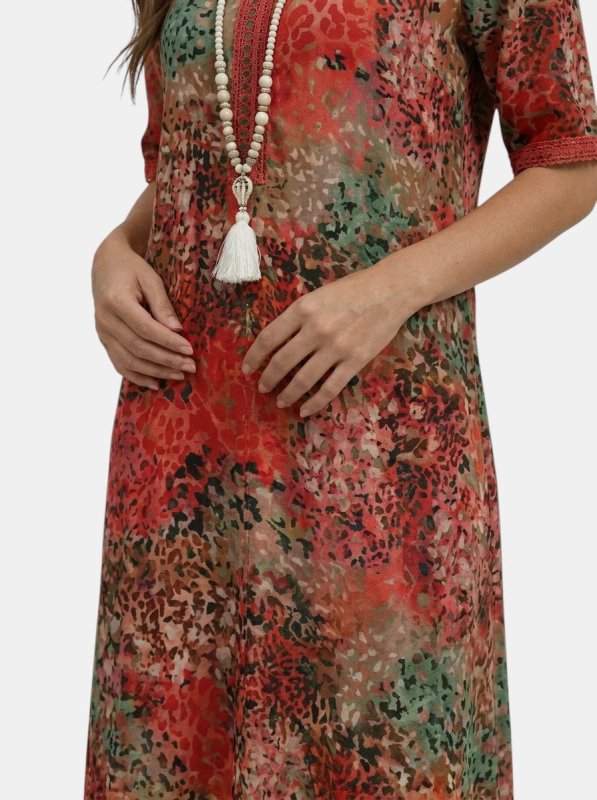 Women's All - Over Printed V - Neck Midi Dress | Relaxed Fit Short Sleeve Dress - Velshara store