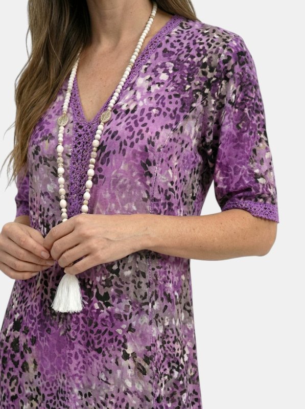 Women's All - Over Printed V - Neck Midi Dress | Relaxed Fit Short Sleeve Dress - Velshara store