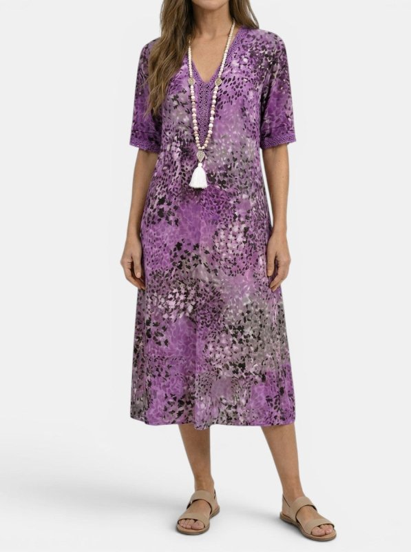 Women's All - Over Printed V - Neck Midi Dress | Relaxed Fit Short Sleeve Dress - Velshara store