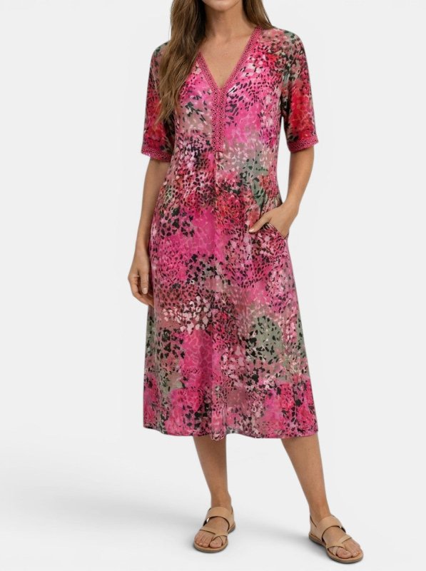 Women's All - Over Printed V - Neck Midi Dress | Relaxed Fit Short Sleeve Dress - Velshara store