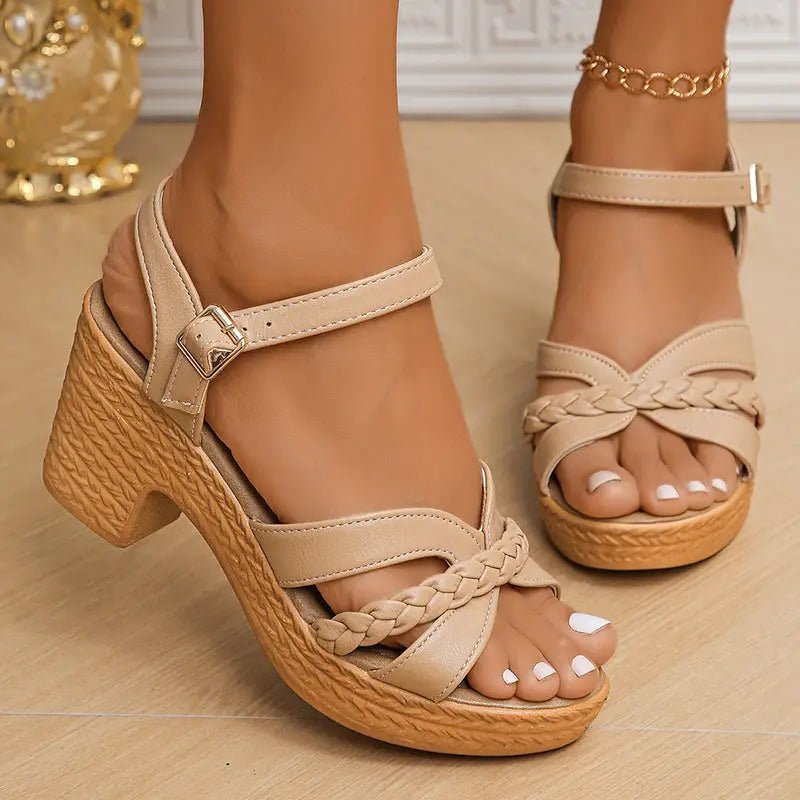 Women's Braided Leather Block Heel Sandals | Elegant Ankle Strap Summer Footwear - Velshara store
