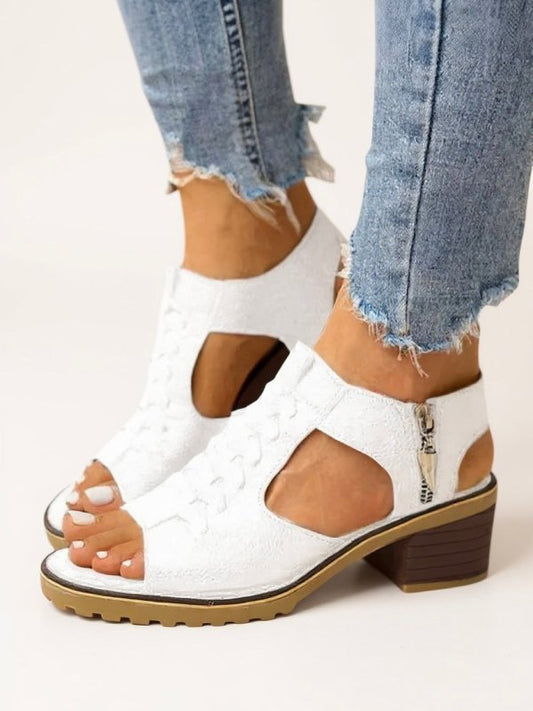 Women's Breathable Leather Block Heel Sandals | Elegant Cushioned Zip - Up Design - Velshara store