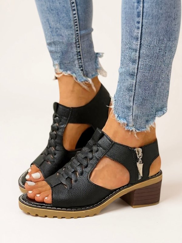 Women's Breathable Leather Block Heel Sandals | Elegant Cushioned Zip - Up Design - Velshara store