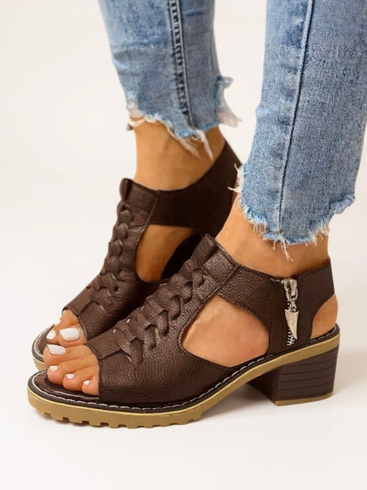 Women's Breathable Leather Block Heel Sandals | Elegant Cushioned Zip - Up Design - Velshara store