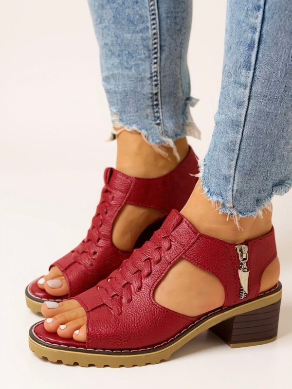 Women's Breathable Leather Block Heel Sandals | Elegant Cushioned Zip - Up Design - Velshara store