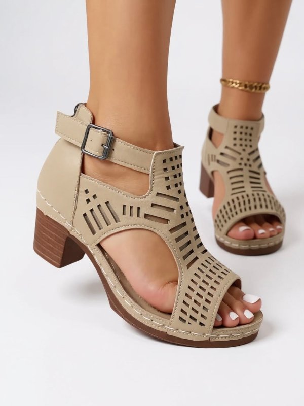 Women's Breathable Leather Block Heel Sandals | Elegant Cutout Design for Summer - Velshara store