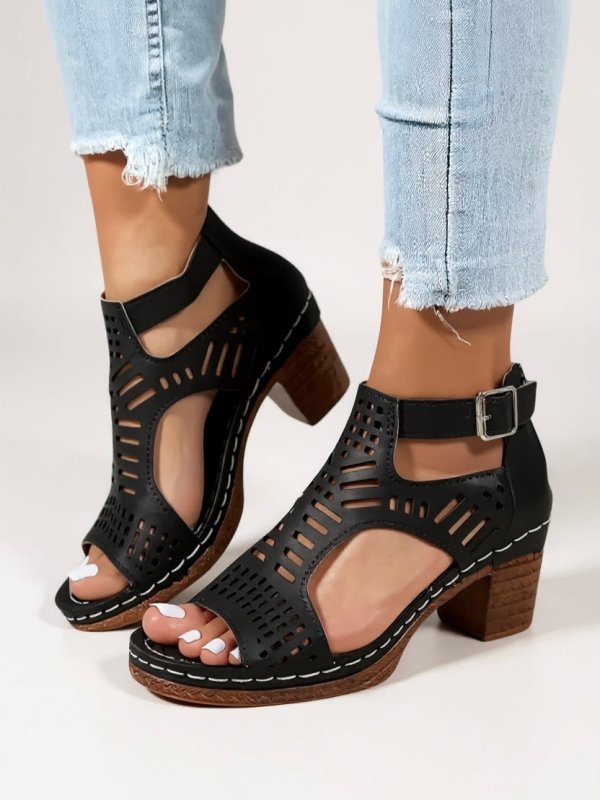 Women's Breathable Leather Block Heel Sandals | Elegant Cutout Design for Summer - Velshara store