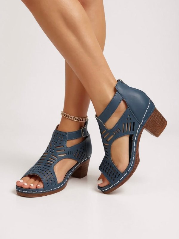 Women's Breathable Leather Block Heel Sandals | Elegant Cutout Design for Summer - Velshara store