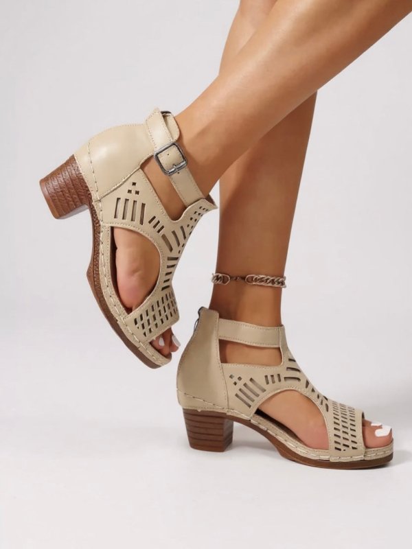 Women's Breathable Leather Block Heel Sandals | Elegant Cutout Design for Summer - Velshara store