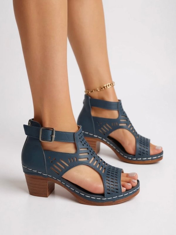 Women's Breathable Leather Block Heel Sandals | Elegant Cutout Design for Summer - Velshara store