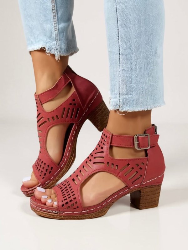 Women's Breathable Leather Block Heel Sandals | Elegant Cutout Design for Summer - Velshara store