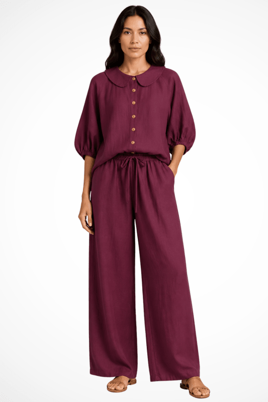 Women's Breathable Linen Co - Ord Set | Elegant Vintage Blouse and Relaxed Wide - Leg Trousers - Velshara store