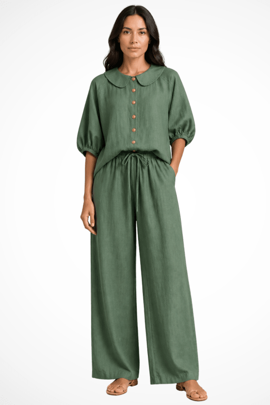Women's Breathable Linen Co - Ord Set | Elegant Vintage Blouse and Relaxed Wide - Leg Trousers - Velshara store