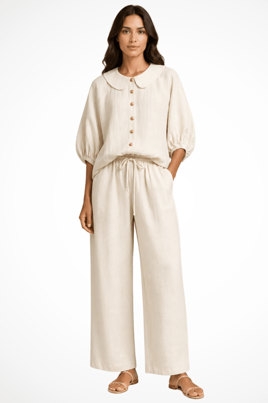 Women's Breathable Linen Co - Ord Set | Elegant Vintage Blouse and Relaxed Wide - Leg Trousers - Velshara store