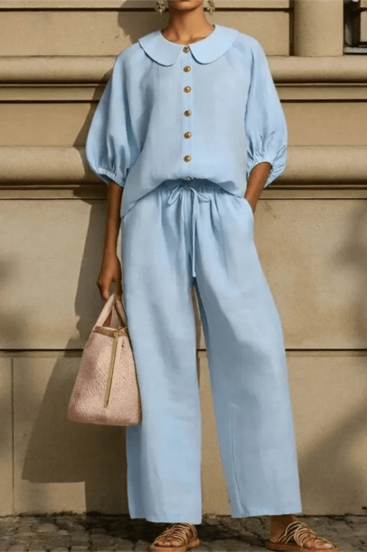 Women's Breathable Linen Co - Ord Set | Elegant Vintage Blouse and Relaxed Wide - Leg Trousers - Velshara store