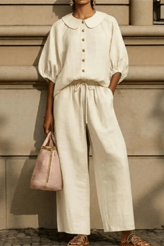 Women's Breathable Linen Co - Ord Set | Elegant Vintage Blouse and Relaxed Wide - Leg Trousers - Velshara store